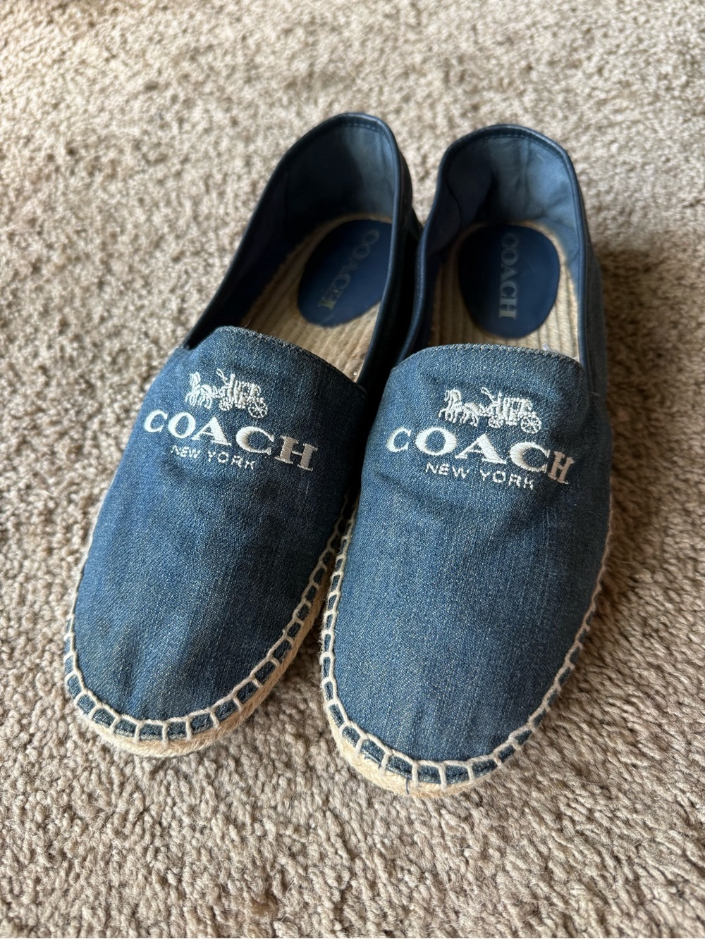 Coach Women’s Denim Espadrille Slip-Ons in Dark Blue with White Logo